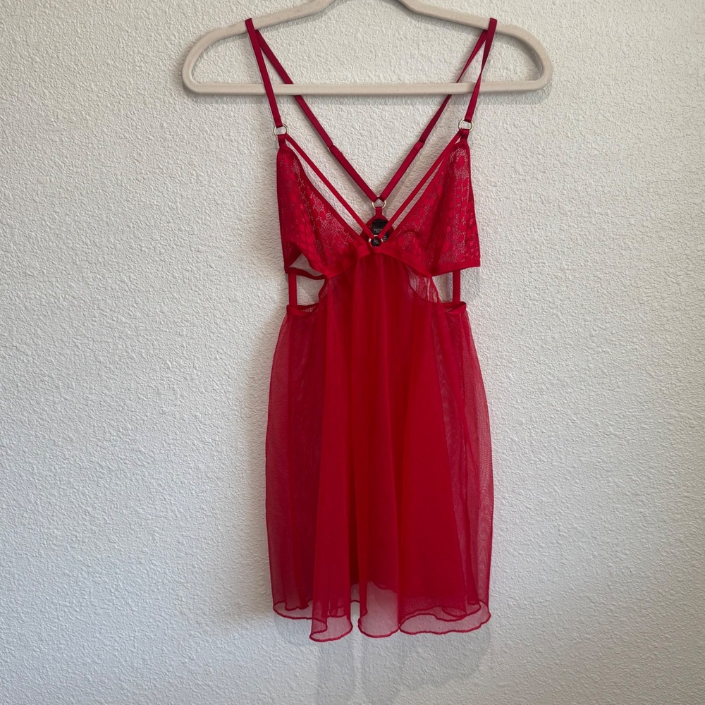 Victoria Secret Womens Large Red‎ Sheer Mesh Cutout Lingerie Chemise Dress